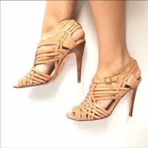 Tory Burch Nadia Leather Hurrache Elegant Tan Strappy Heels, size 10